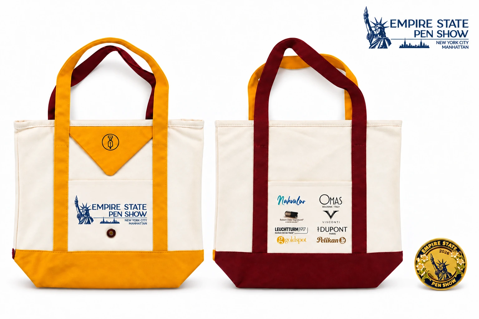 2026 Empire State Pen Show tote and pin bundle, with the tote shown from both sides